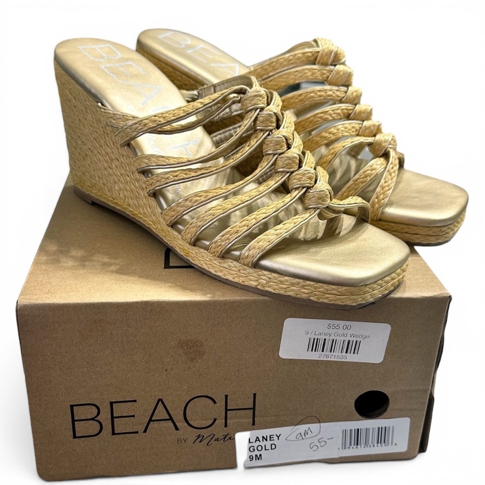 Beach‎ by Matisse Laney Gold Rattan Wedge Sandal Women Size 9 Braided Raffia